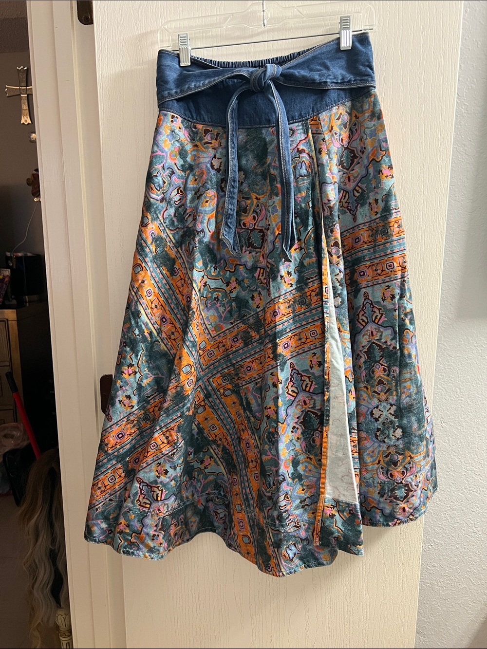 Pilcro Patterned Circle Skirt in Teal & Orange